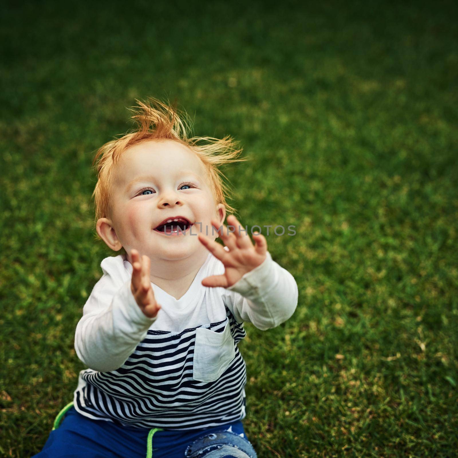 Feeling the joy. Shot of an adorable little boy playing in the backyard. by YuriArcurs