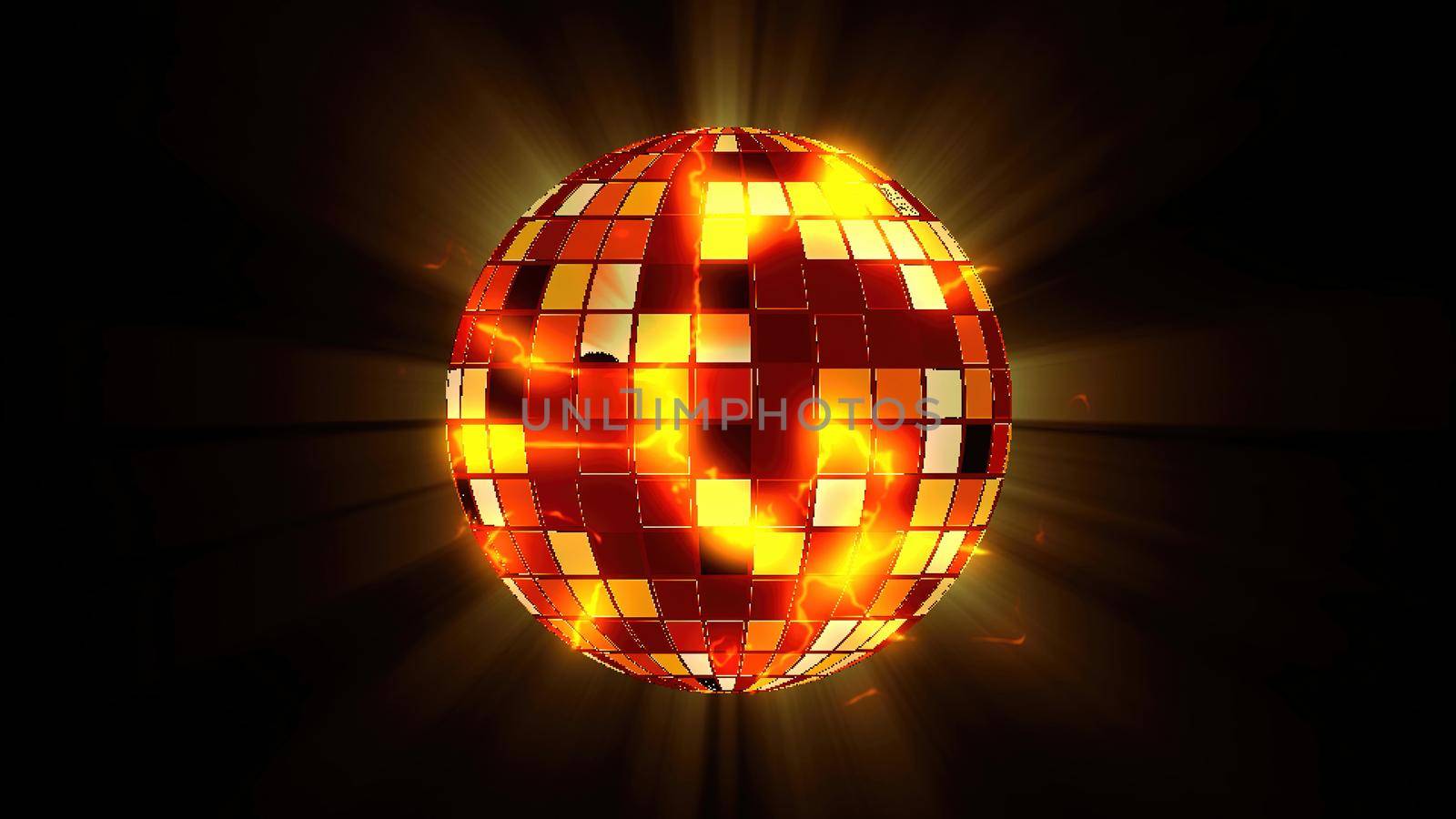 Fire ball globe with electric and sun ray background. Celebration, dj, karaoke concept