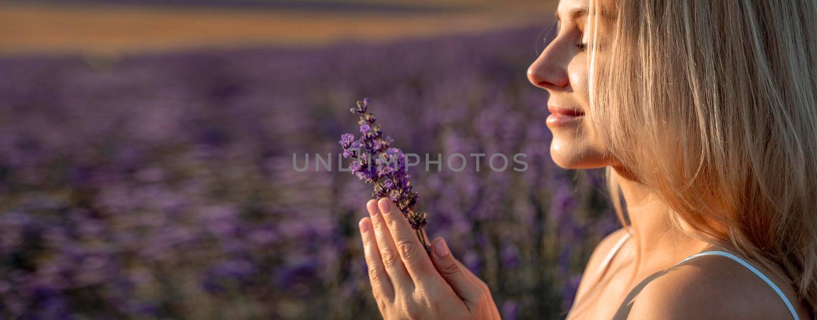 Beautiful blonde is in the field of lavender, holds a bouquet of flowers and enjoys aromatherapy. The girl's eyes are closed. The concept of aromatherapy, lavender oil, photo shoot in lavender.