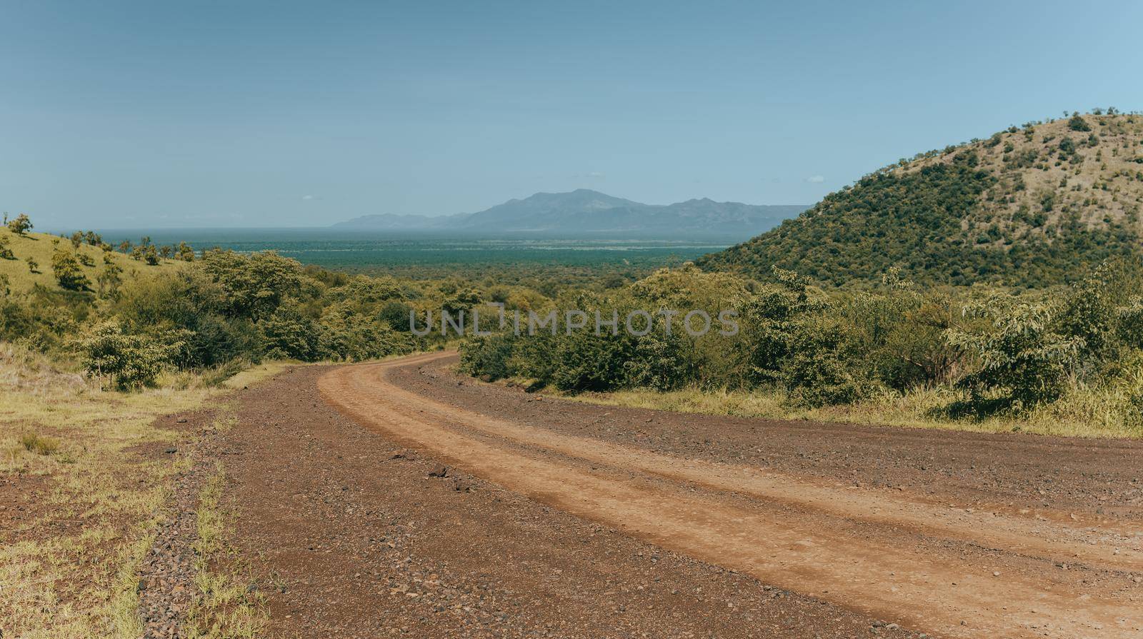 View of very beautiful landscape with dirty road to Mago National Park, Omo Valley, region Southern Nations, Africa nature and wilderness