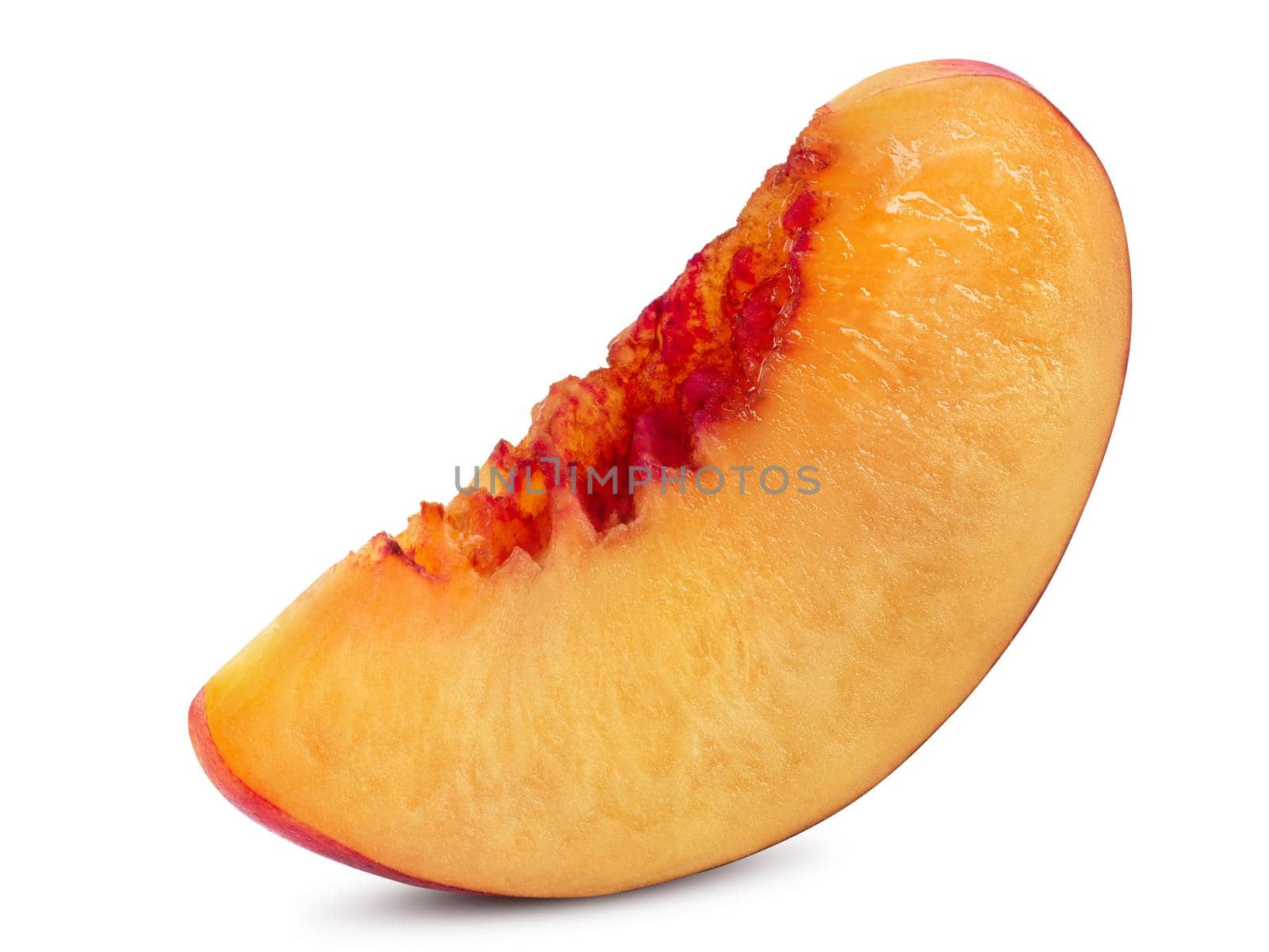 Unpitted, smooth-skinned nectarine fruit slice isolated on white background with copy space for text or images. Close-up shot. by nazarovsergey