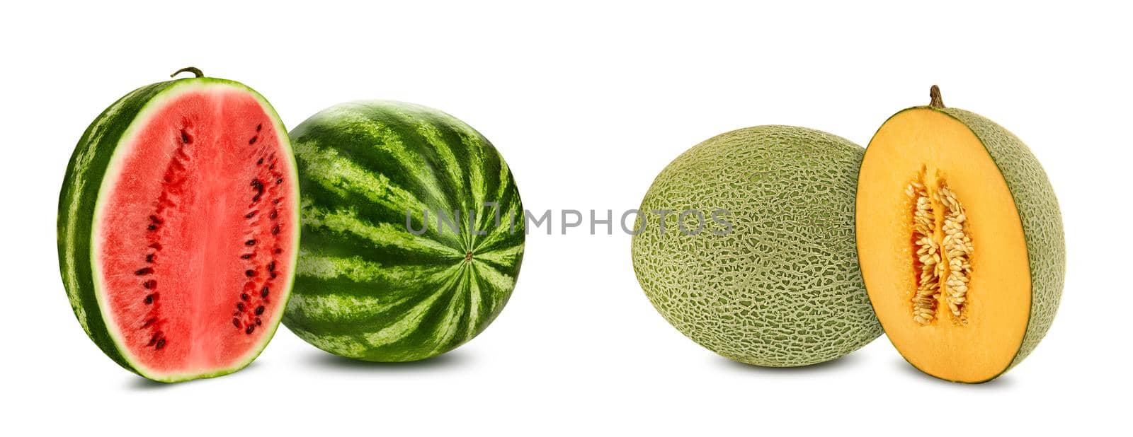 Green watermelon and cantaloupe melon with halves in cross-section, isolated on white, copy space. Juicy red and yellow flesh with seeds. Close-up. by nazarovsergey