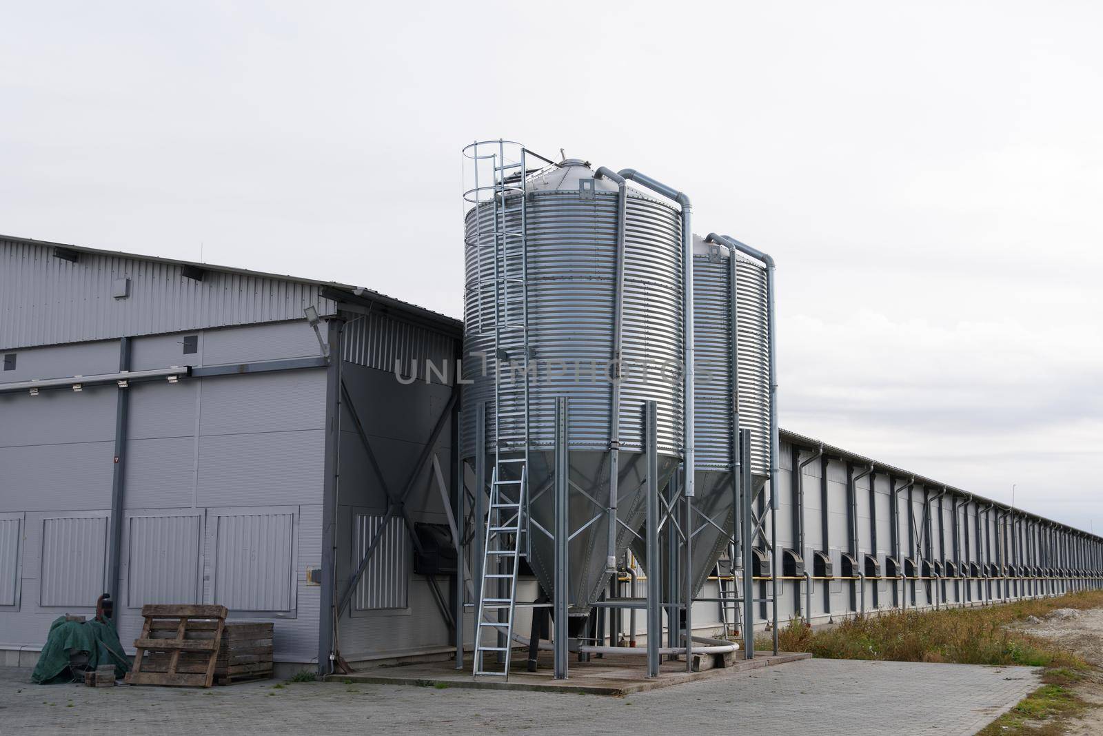 large scale commercial chicken farm with two grain storage silos for the storage of poultry feed by Ashtray25