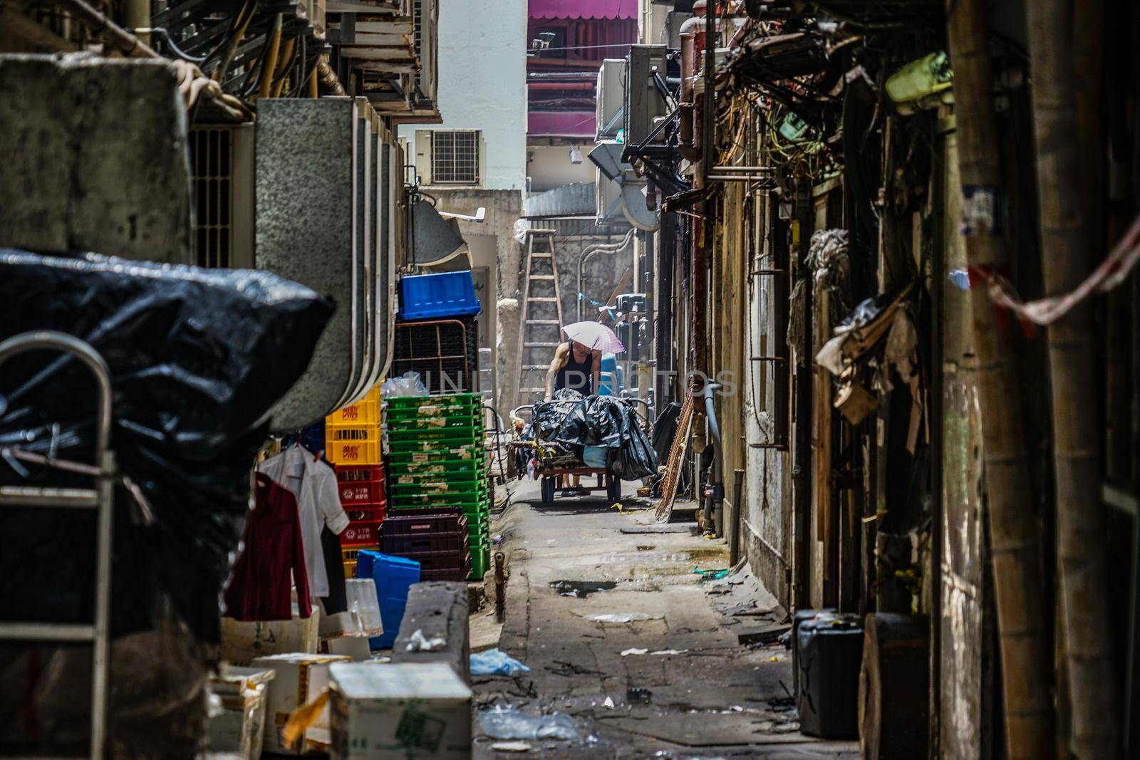Hong Kongs high-rise building alley back. Shooting Location: Hong Kong Special Administrative Region