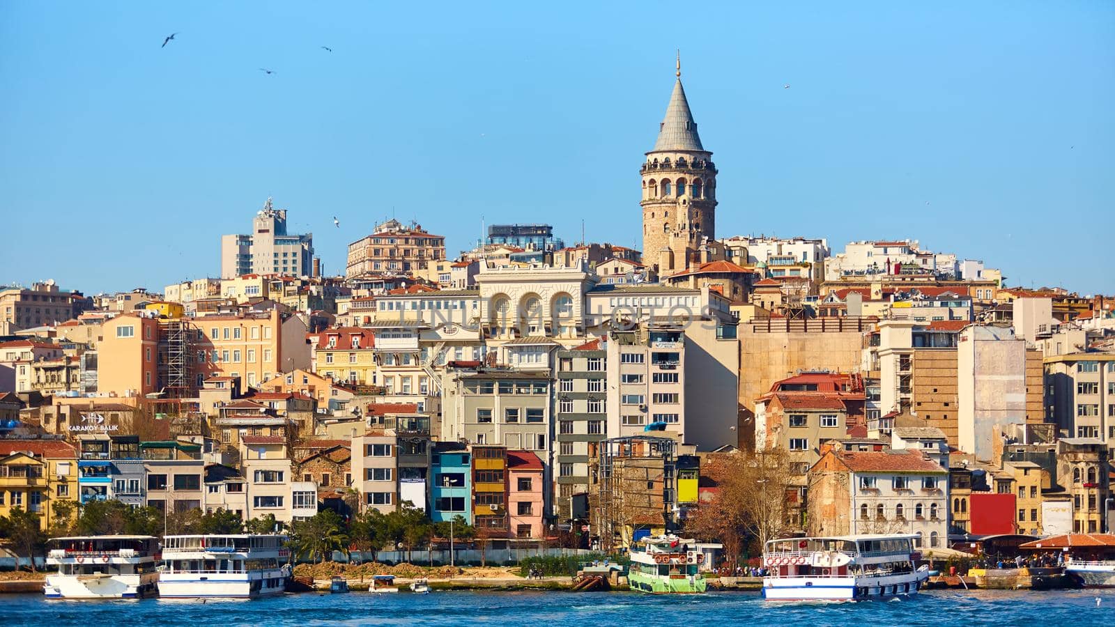 Beyoglu district historic architecture and Galata tower medieval landmark in Istanbul, Turkey.