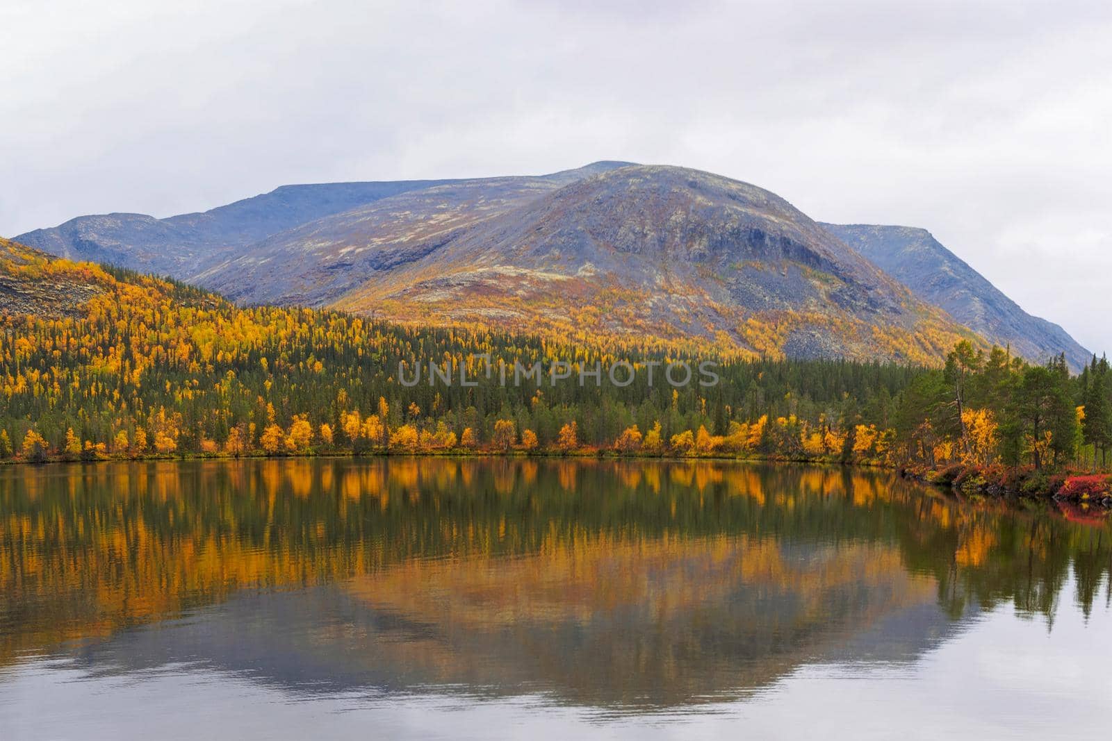 Lake with turquoise water in the mountains in autumn on a cloudy day. view from above. photo