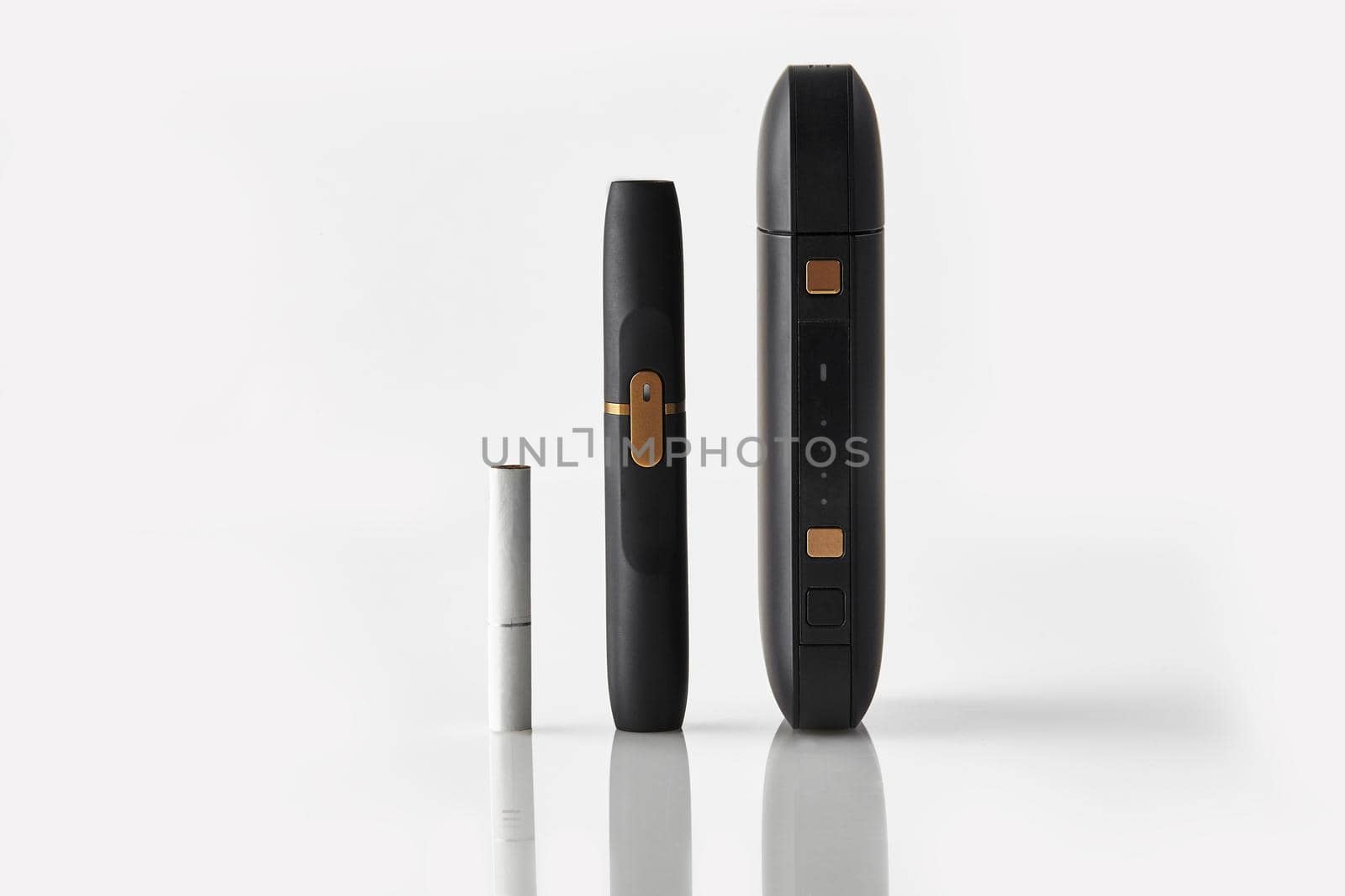 New generation black electronic cigarette, battery and one heatstick isolated on white. Hi-tech heating tobacco system. Tools used to help stop smoking. Advertising, close up, copy space, side view