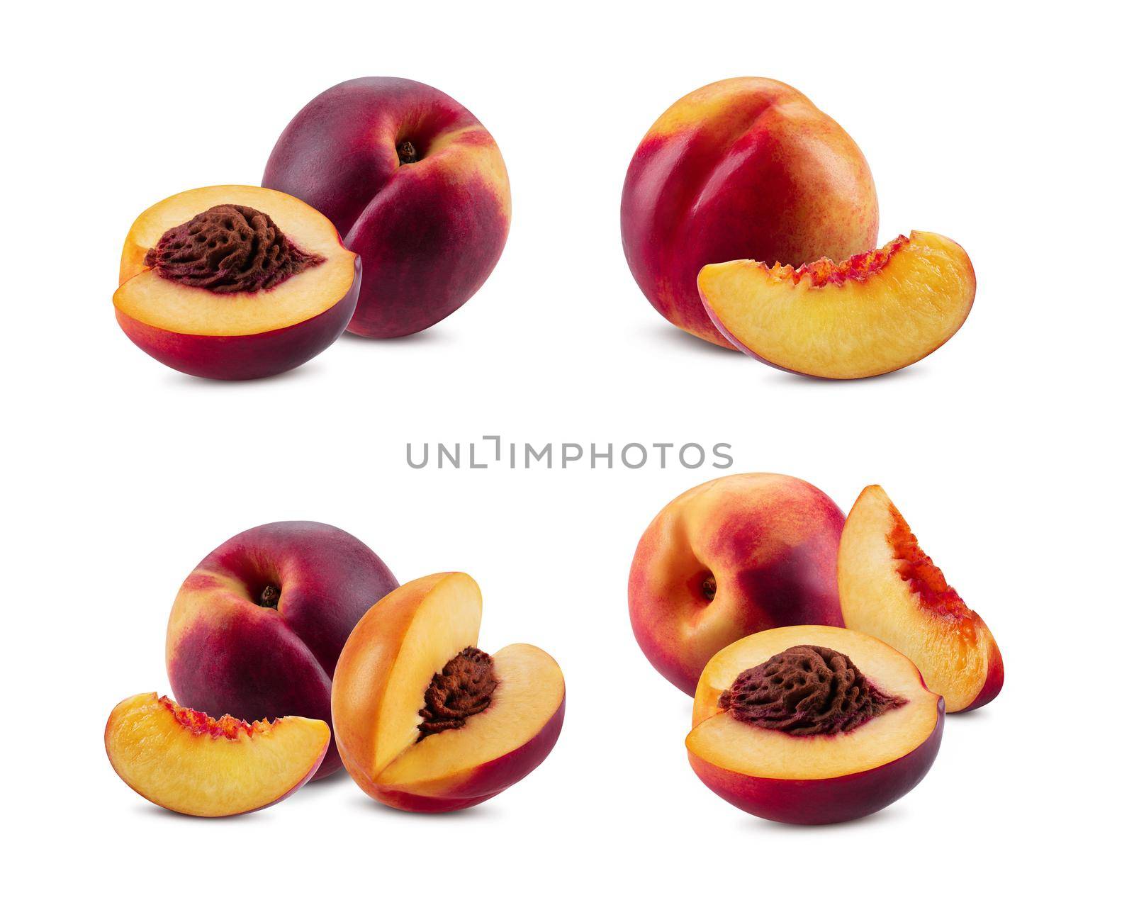 Set of smooth-skinned whole nectarines and parts with kernels and without them isolated on white background with copy space for text or images. Variety of peach. Side view. Close-up shot.