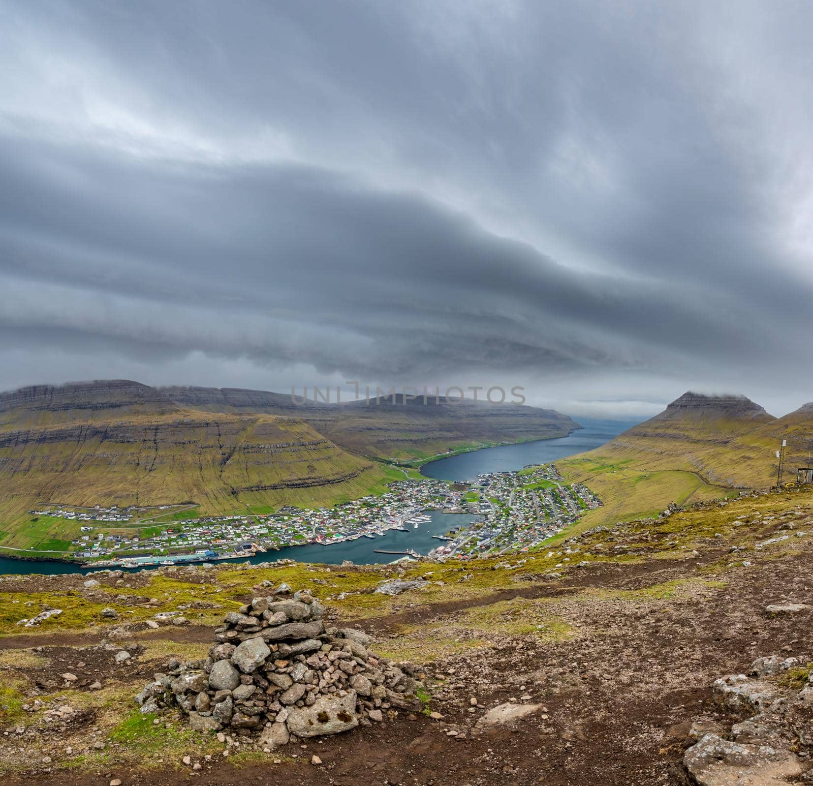 Top view of Klaksvik city under the clouds in Faroe Islands