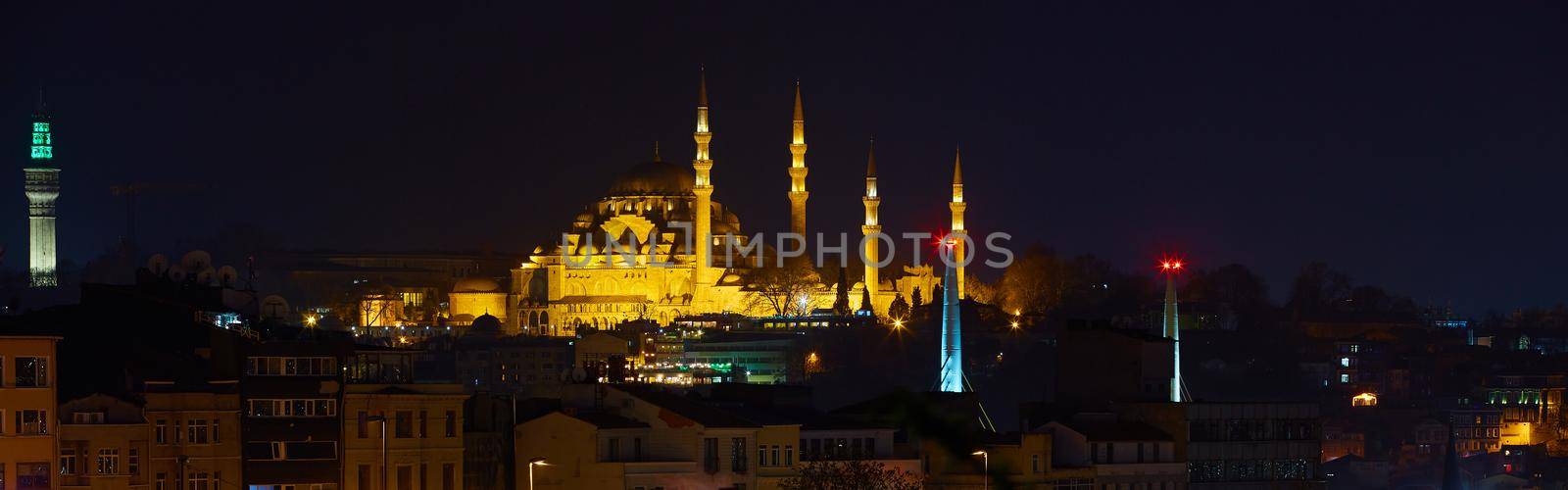 Suleymaniye Mosque night view, the largest in the city, Istanbul, Turkey.