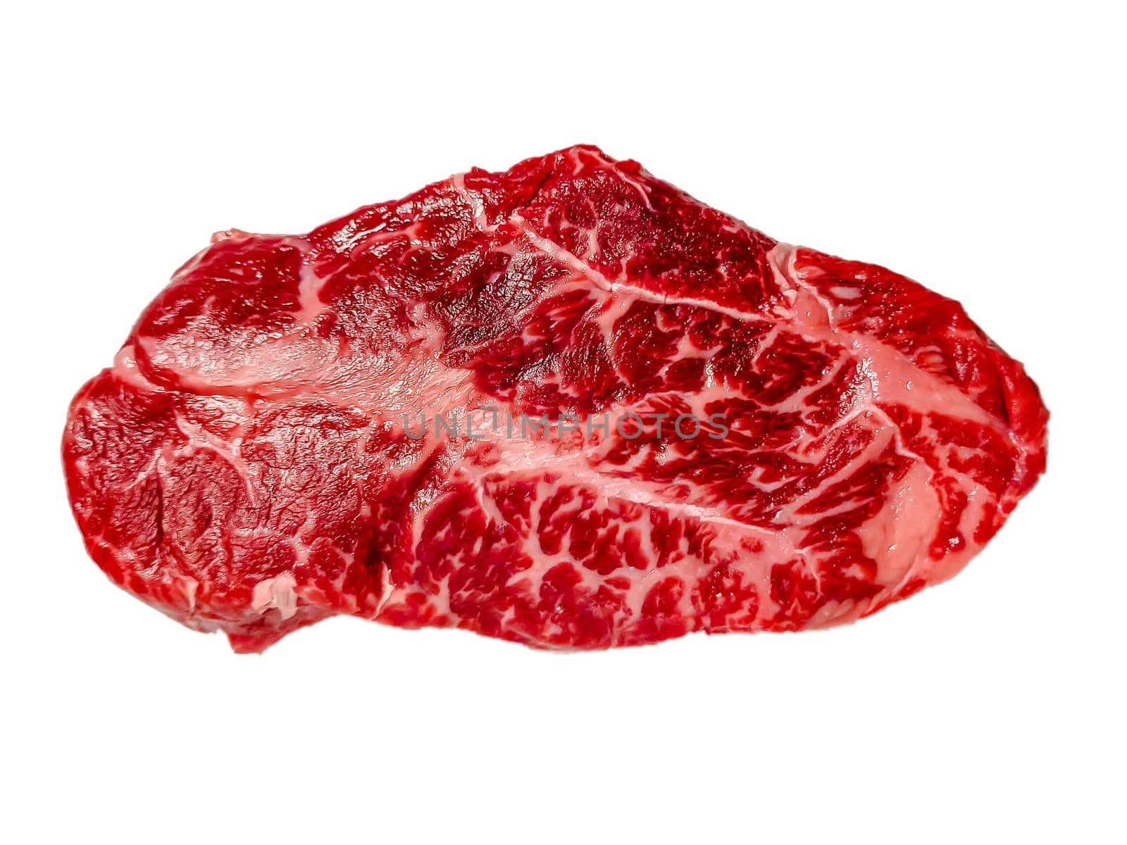 A Top Blade steak made of marbled beef lies on a white background. Isolated by Milanchikov