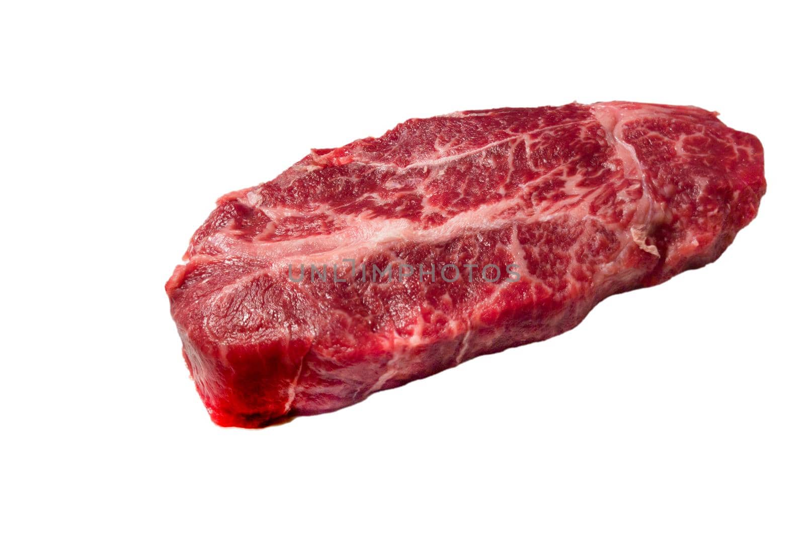 A Top Blade steak made of marbled beef lies on a white background. Isolated