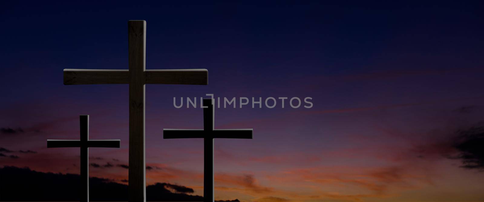 Crucifixion Of Jesus Christ., Three cross silhouette on the mountain at sunset by Andelov13