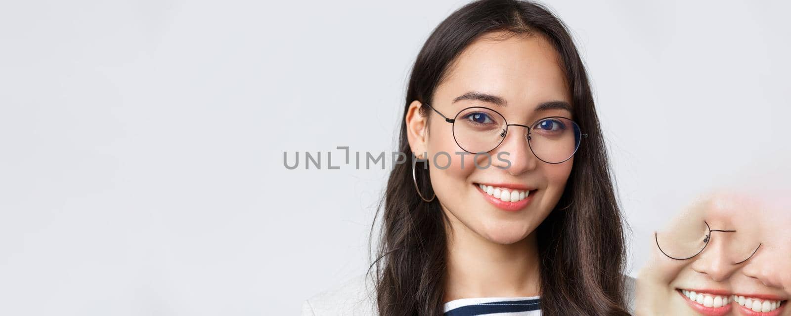 Business, finance and employment, female successful entrepreneurs concept. Face of smiling asian businesswoman, working in office, wearing glasses and gazing camera confident by Benzoix
