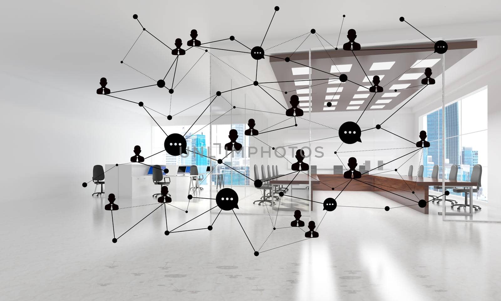 Lines connected with dots as social communication concept in office interior. 3D rendering