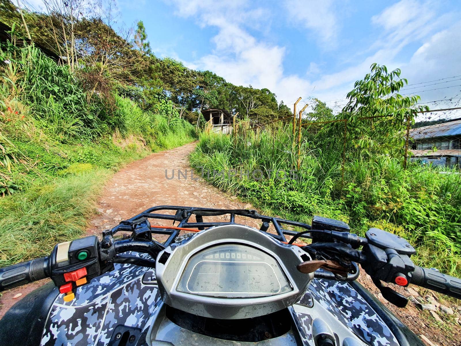 First person view in the middle of the jungle, ATV driver in the mud. Adventure trip in the forest. Soft focus. Man on quadbike race over rough terrain in the forest on a hot summer day. by Peruphotoart