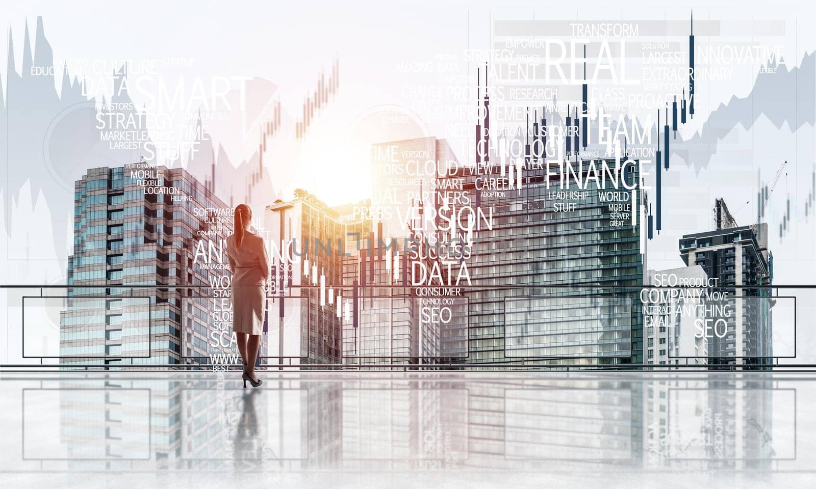 Young businesswoman in suit at balcony against morning cityscape background