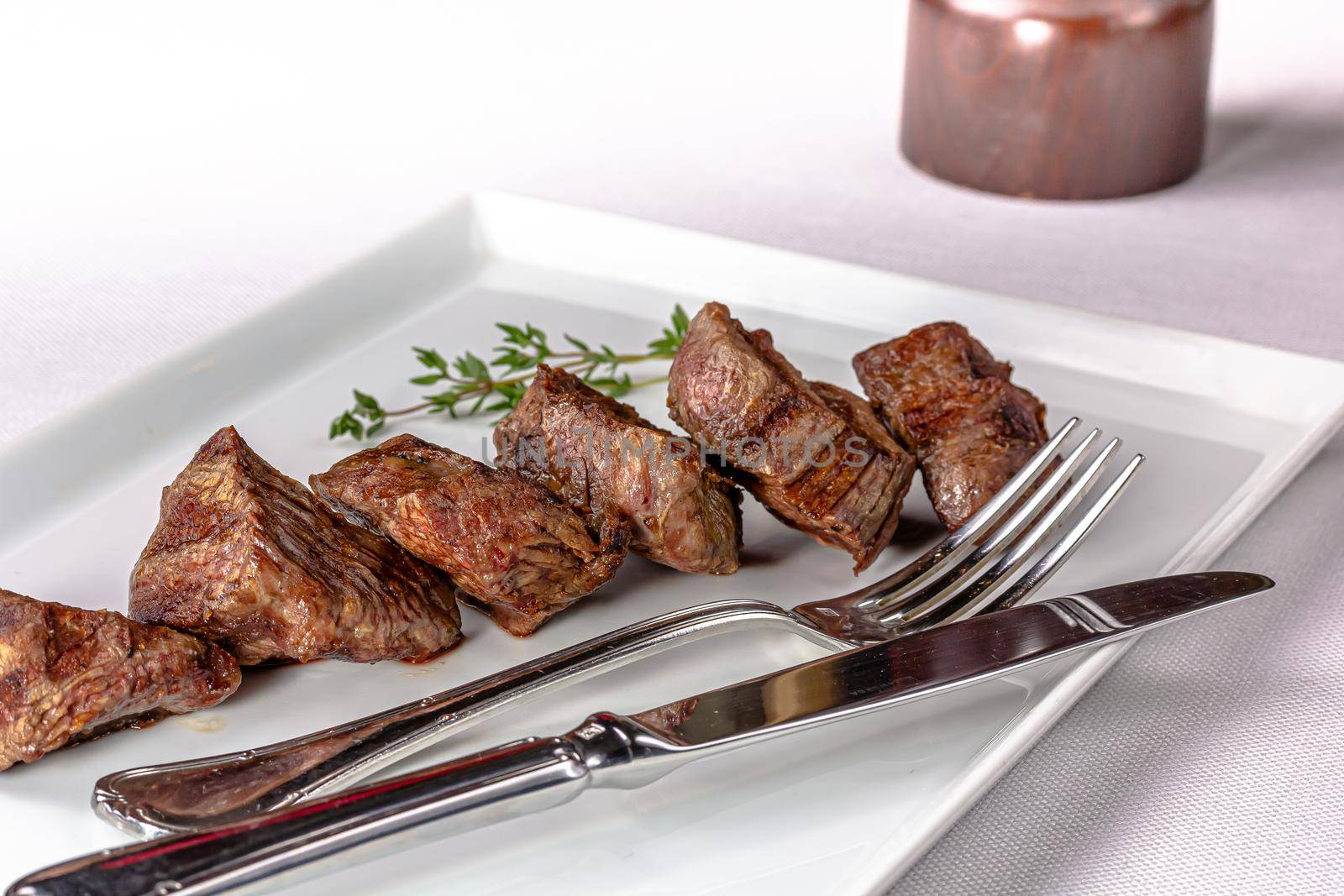 Beef kebab with tomato sauce with vegetables is on a plate