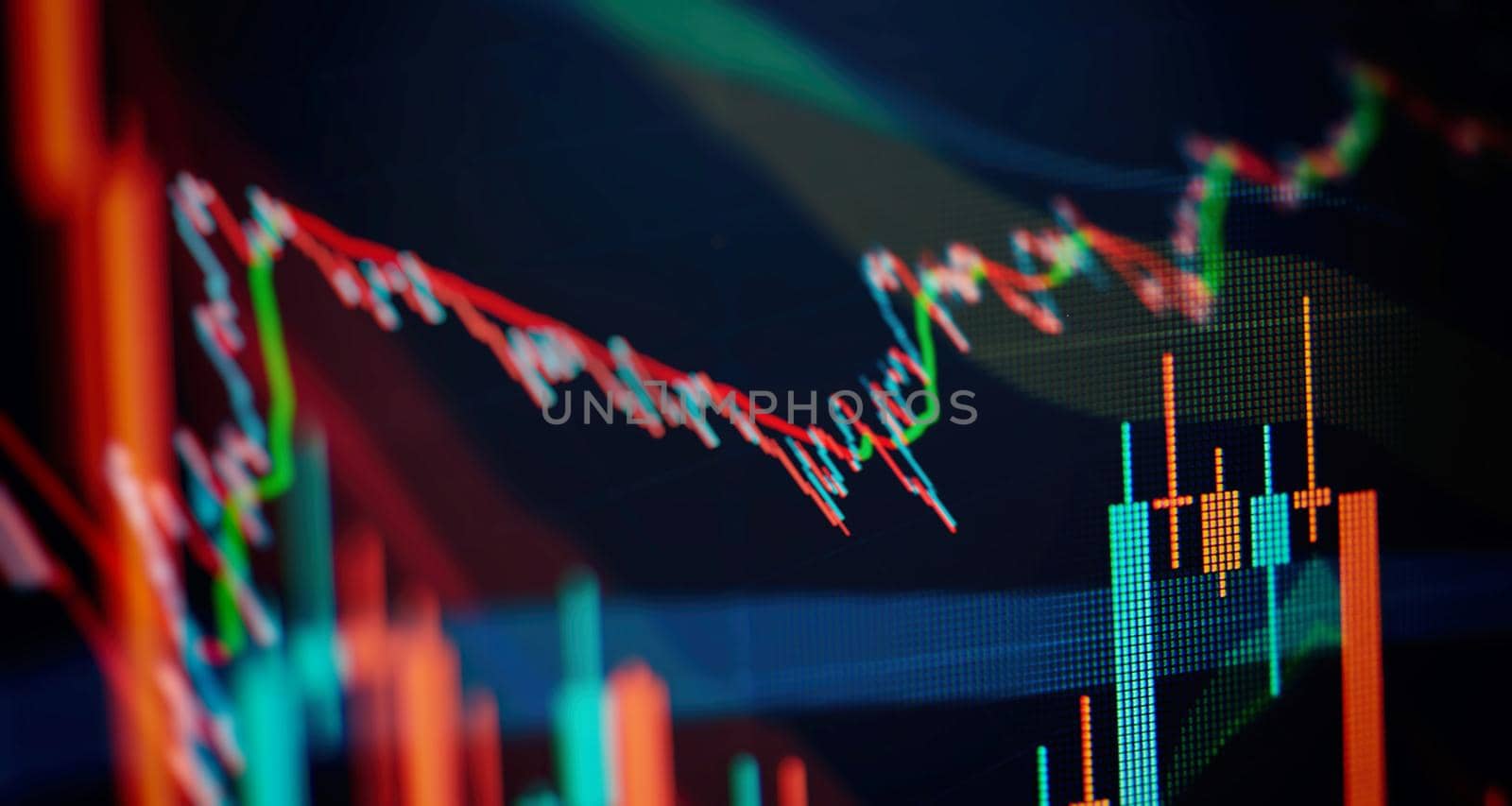 Market Analyze. Bar graphs, Diagrams, financial figures. Abstract glowing forex chart interface wallpaper. Investment, trade, stock, finance