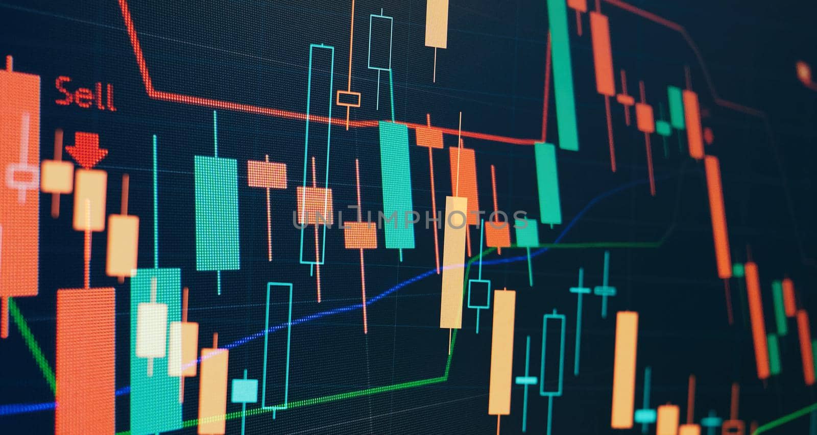 Indicator, red and green candlestick chart on blue theme screen, market volatility, up and down trend. Stock trading, crypto currency background.