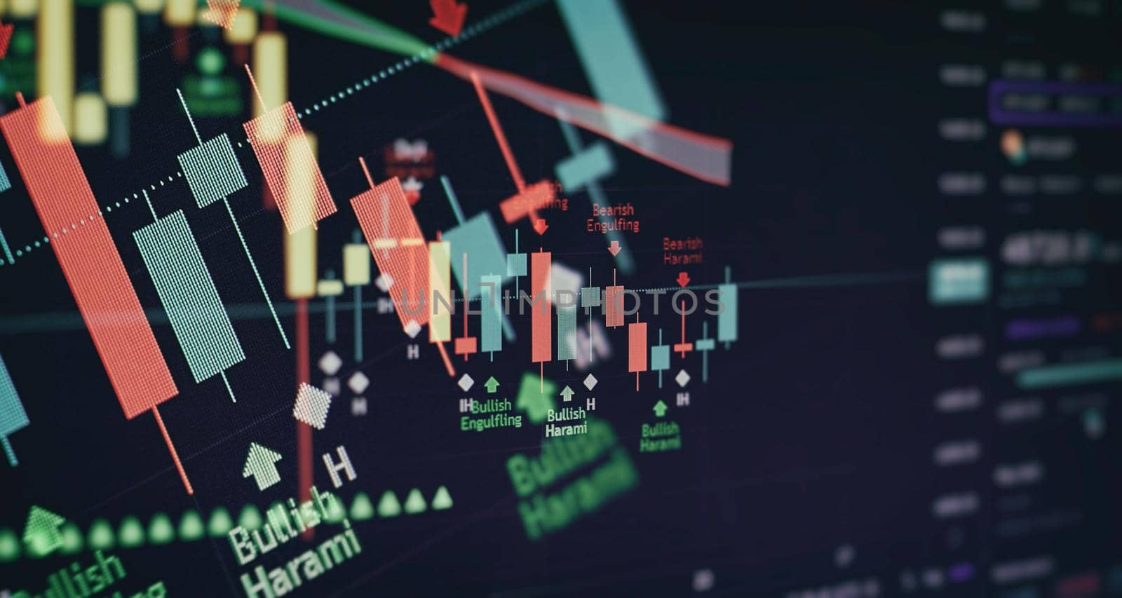 Indicator, red and green candlestick chart on blue theme screen, market volatility, up and down trend. Stock trading, crypto currency background.