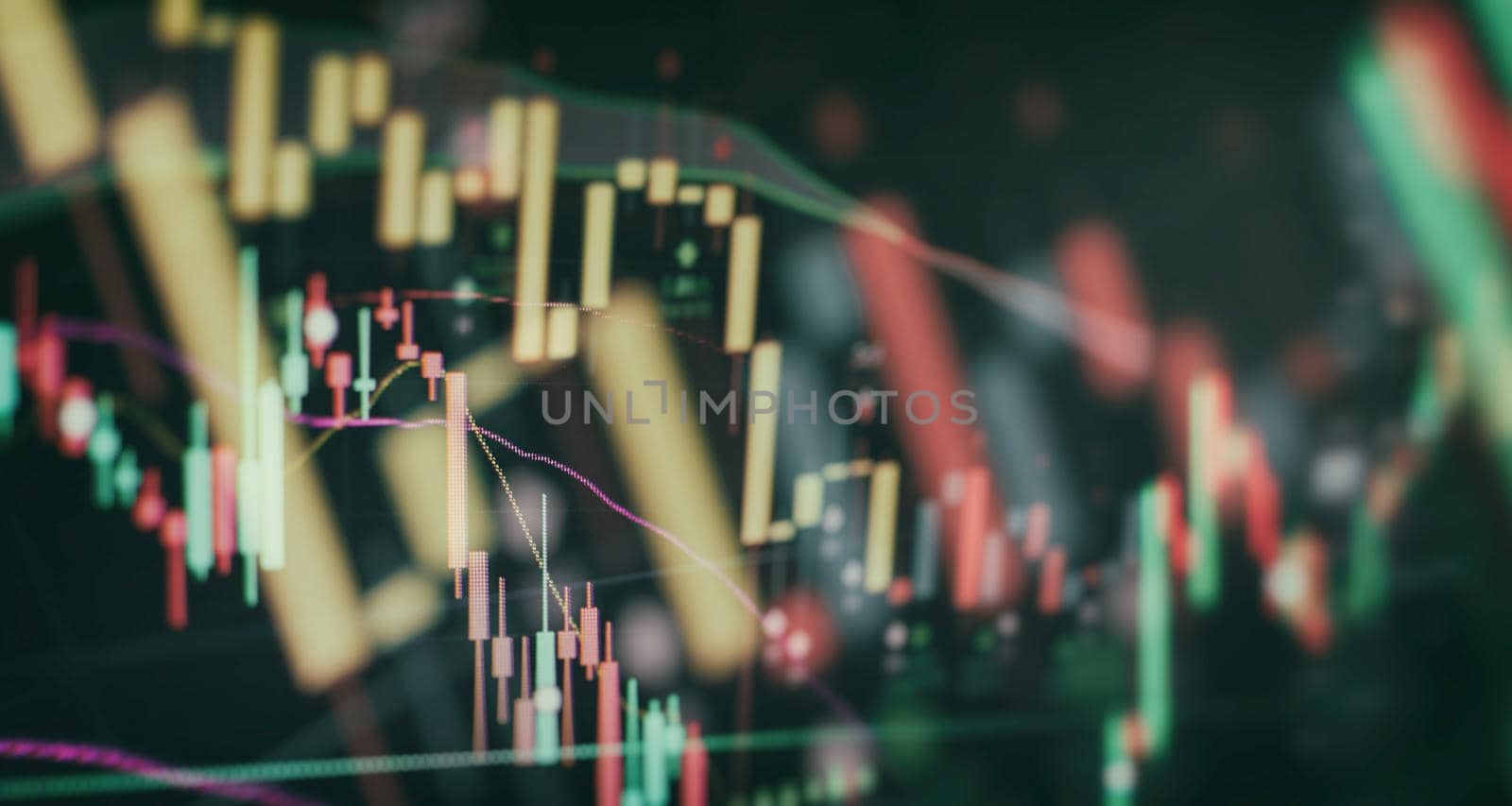 Indicator, red and green candlestick chart on blue theme screen, market volatility, up and down trend. Stock trading, crypto currency background.