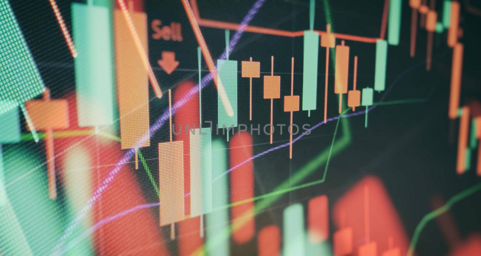 Data on a monitor which including of Market Analyze. Bar graphs, Diagrams, financial figures. by Maximusnd