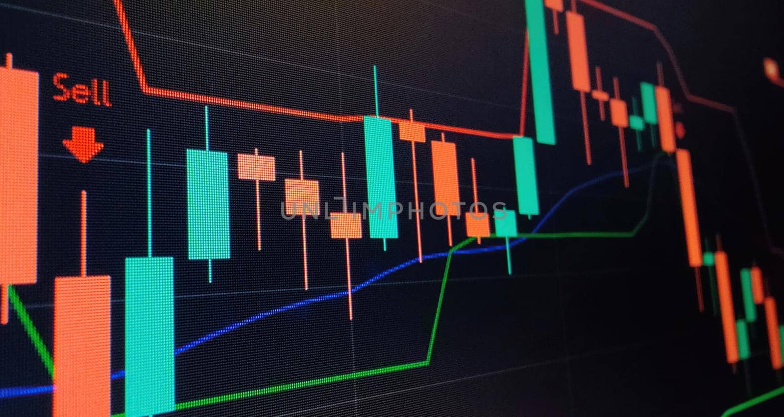 Indicator, red and green candlestick chart on blue theme screen, market volatility, up and down trend. Stock trading, crypto currency background.