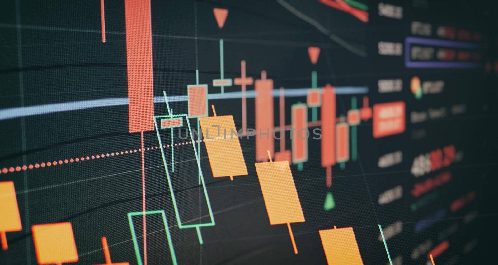 Data on a monitor which including of Market Analyze. Bar graphs, Diagrams, financial figures. by Maximusnd