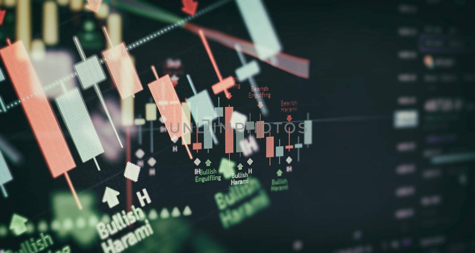 Indicator, red and green candlestick chart on blue theme screen, market volatility, up and down trend. Stock trading, crypto currency background.