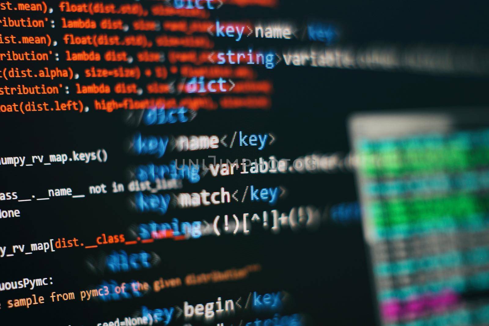 Programming code screen of software developer. Software Programming Work Time.