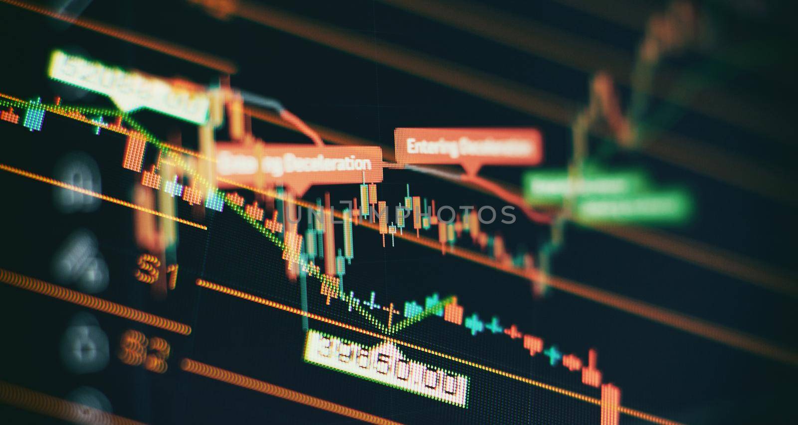 Charts of financial instruments with various type of indicators including volume analysis for professional technical analysis on the monitor of a computer.