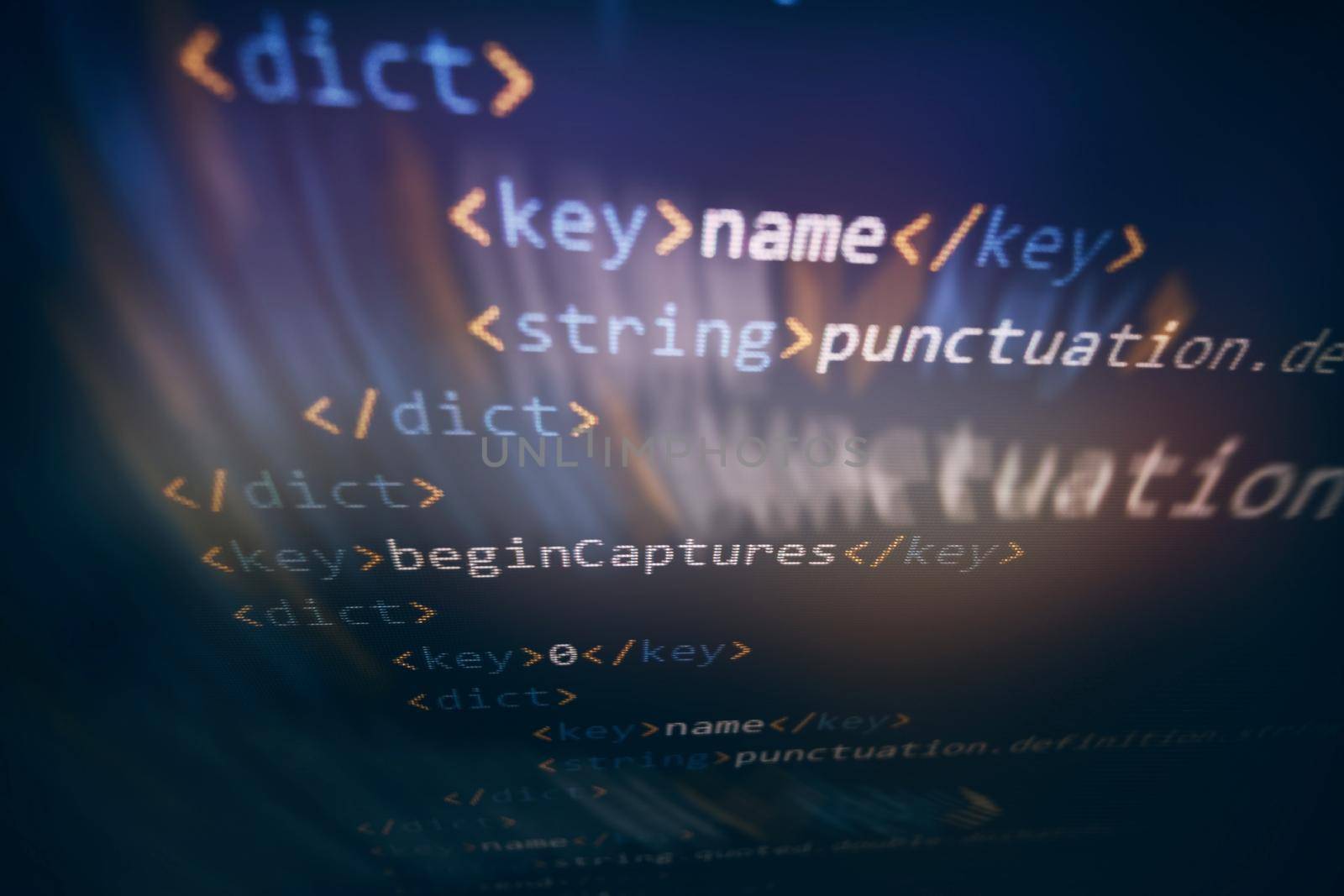 SEO optimization. Modern tech. PHP syntax highlighted. Writing programming functions on laptop. Big data and Internet of things trend.