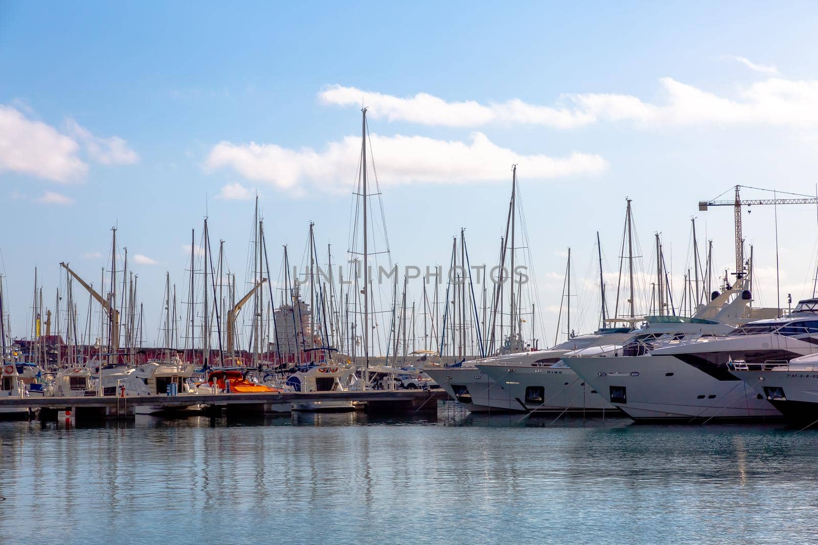 White yachts are in a marina on the Mediterranean coast by Milanchikov