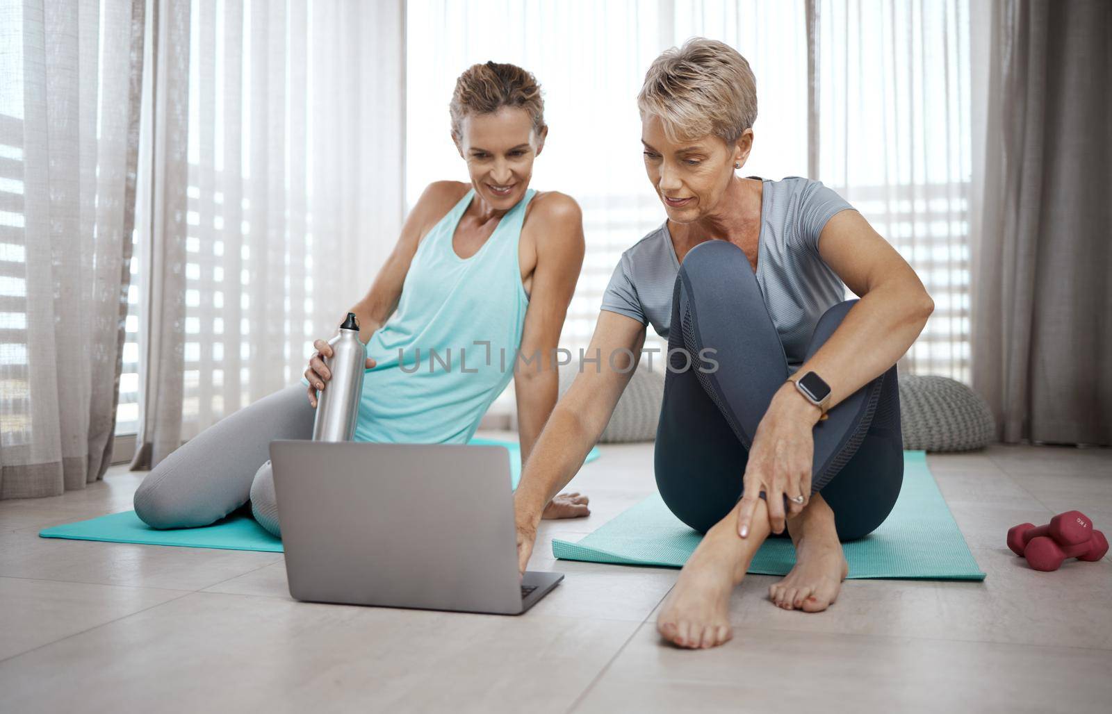 Shot of two mature women browsing the internet for new workout ideas while exercising at home.