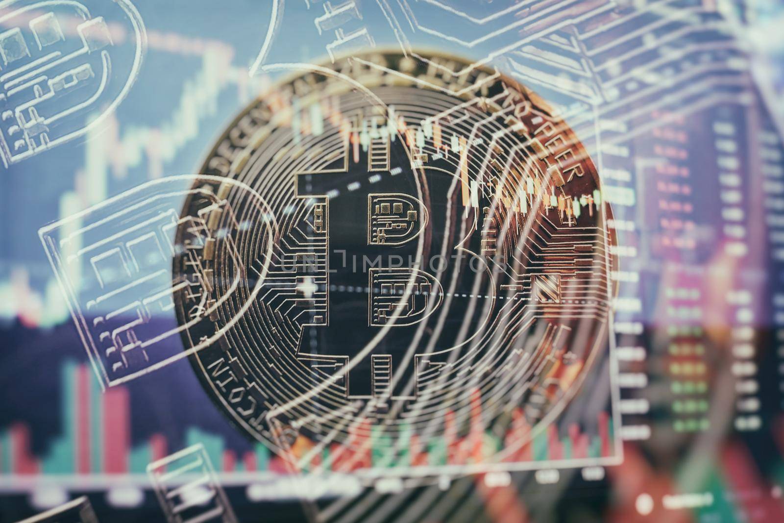 Bitcoin gold coin and defocused chart background. Virtual cryptocurrency concept.