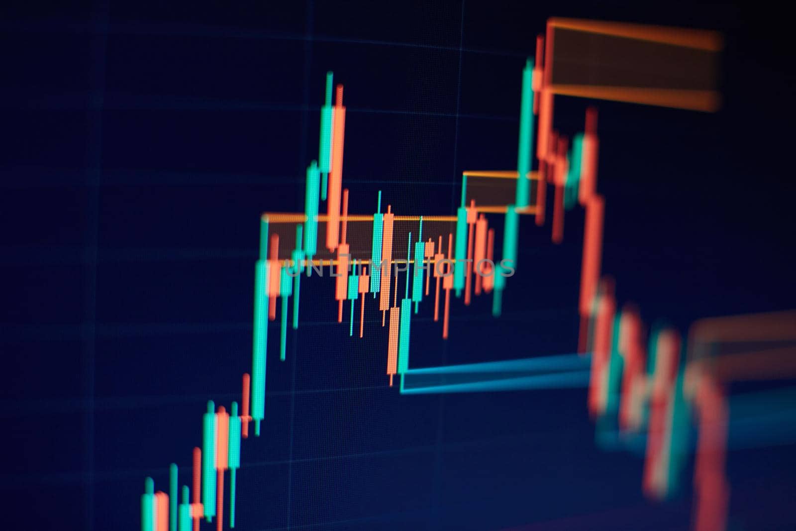 Market Analyze. Bar graphs, Diagrams, financial figures. Abstract glowing forex chart interface wallpaper. Investment, trade, stock, finance
