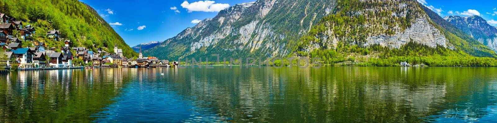 Austrian tourist destination - panorama of Hallstatt village and Hallstatter See mountain lake in Austria in Austrian alps. Salzkammergut region, Austria