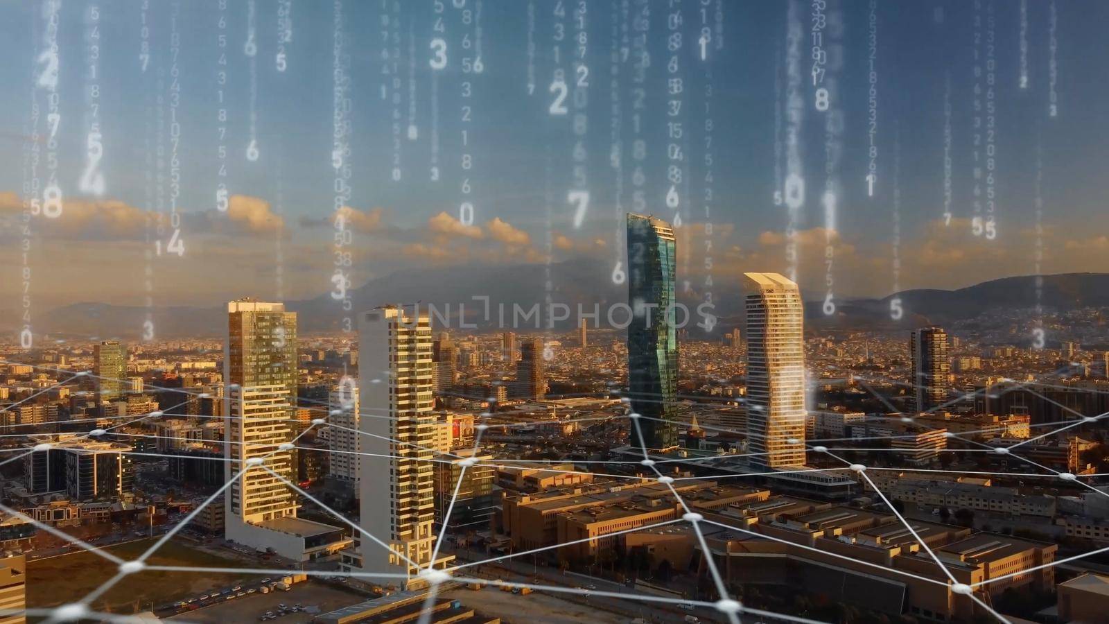 Connected aerial city with several interfaces. Futuristic concept. Augmented reality over Izmir. High quality photo