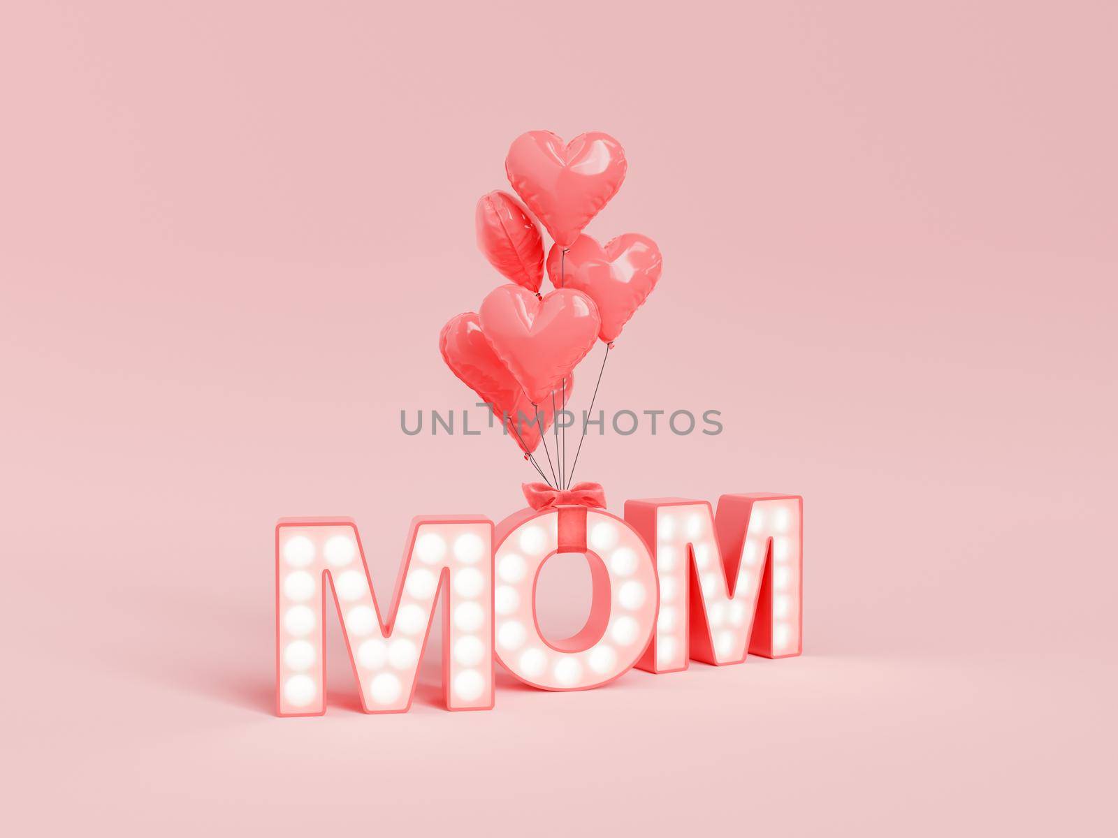 Mom letters with glowing LED lights and heap of red heart shaped balloons placed on pink background during mothers day celebration. 3d rendering