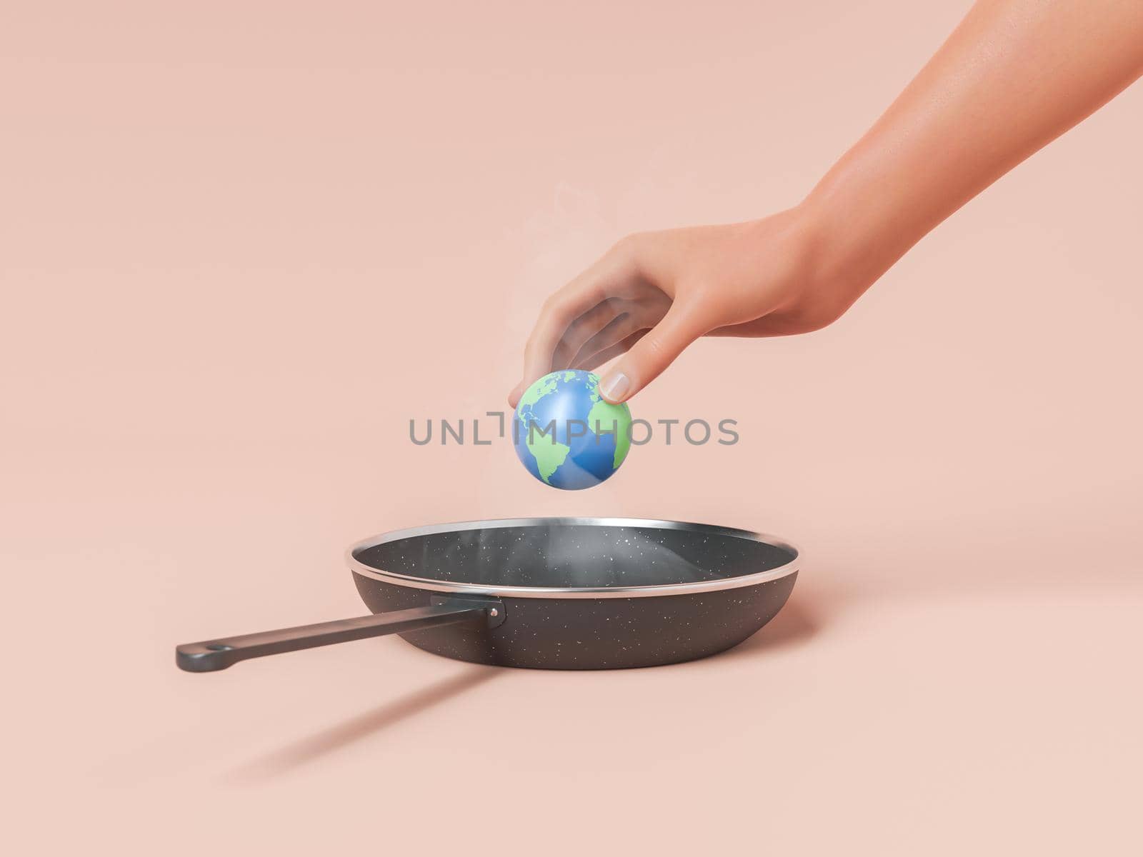 Hand holding small planet Earth over black metal steaming hot frying pan representing dangerous global warming on clear light background. 3d rendering