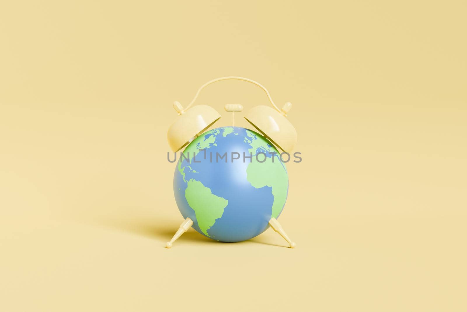 Alarm clock in shape of planet Earth with green continents and blue oceans placed on yellow background in light studio. 3d rendering