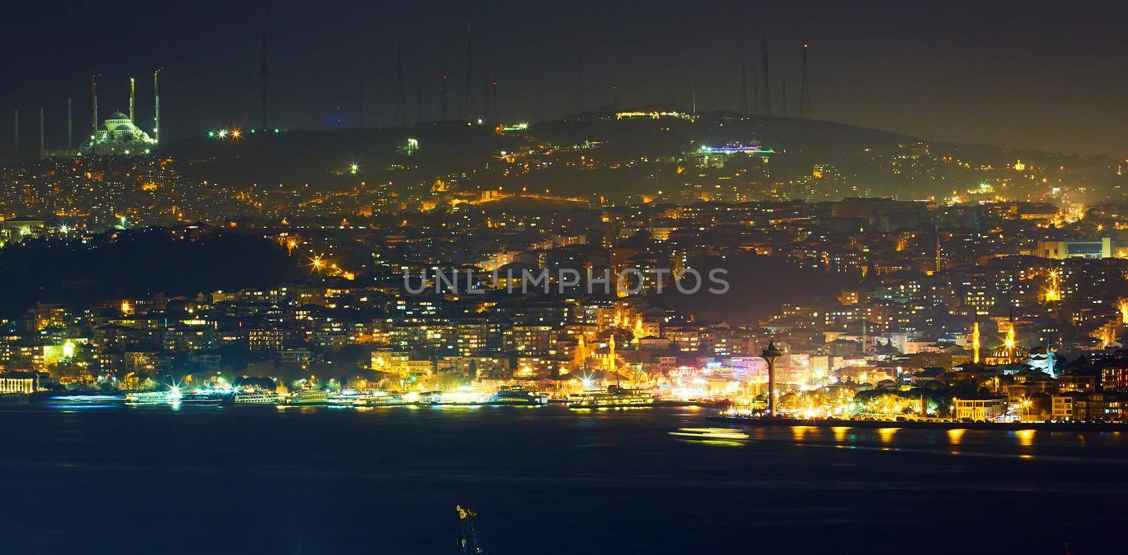 Night lights of Istanbul view from the Galata tower. Retro style