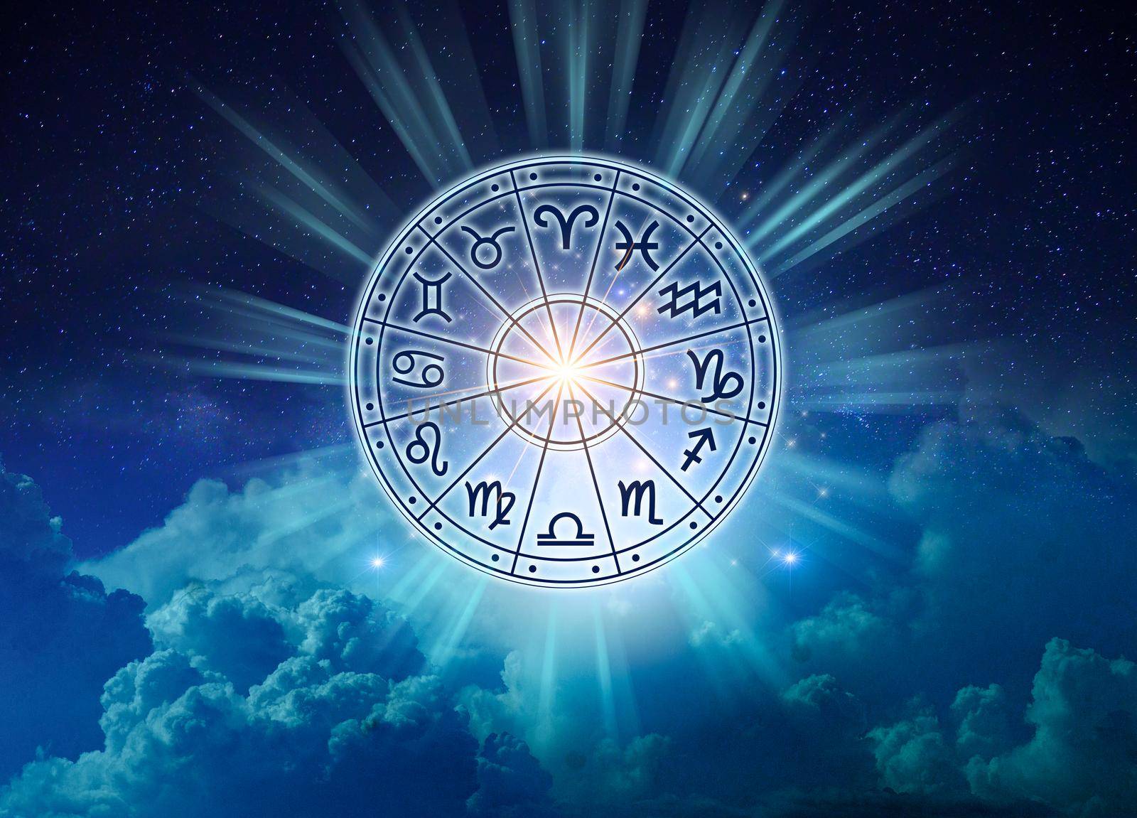 Zodiac signs inside of horoscope circle. Astrology in the sky with many stars and moons  astrology and horoscopes concept