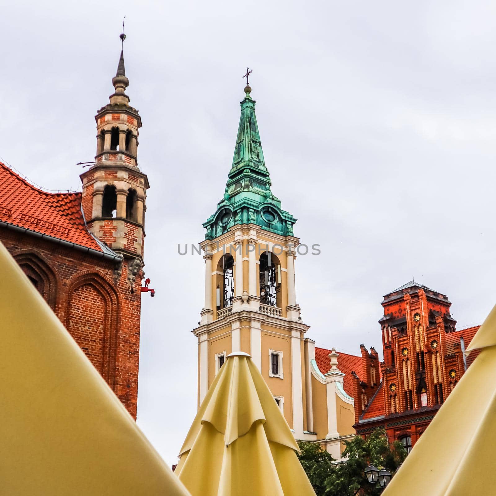 Holy Spirit Church. Spiers in the historical center of Torun, Poland. August 2019