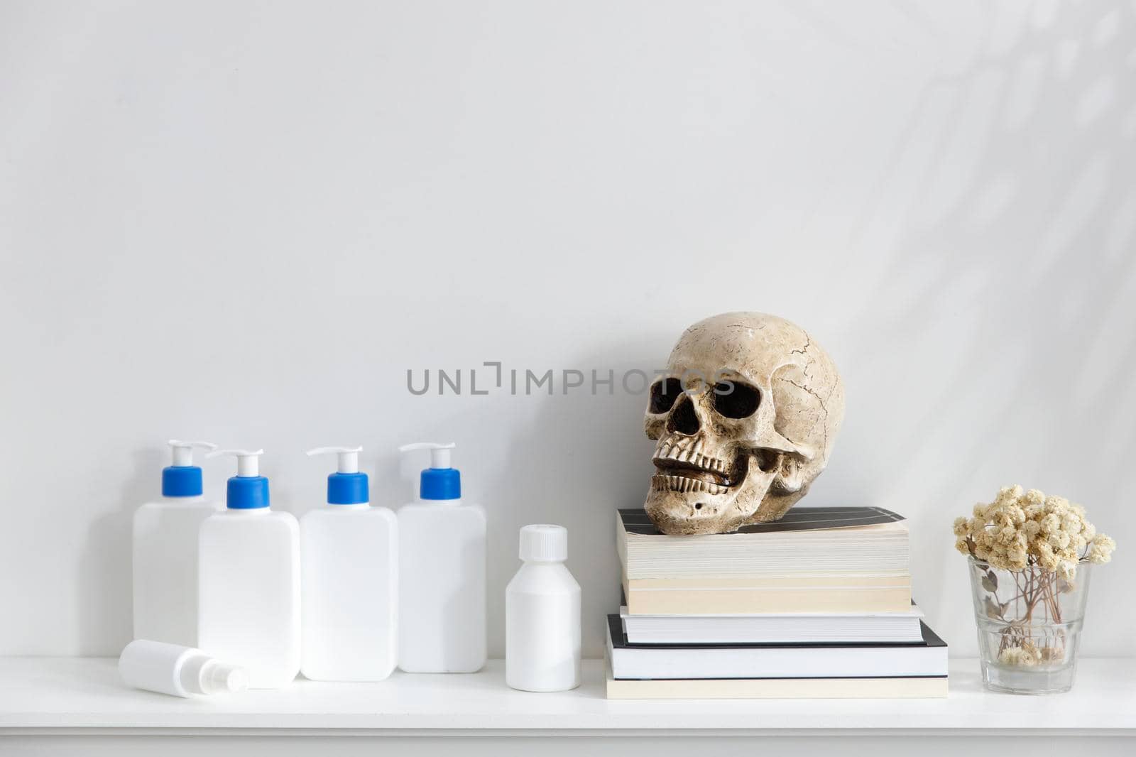 White bottles with a blue dispenser with shampoo, conditioner, cream and liquid soap stand on a shelf in the bathroom. Skull on the slack ot the books. The glass with dried flower. Place for text. by elenarostunova