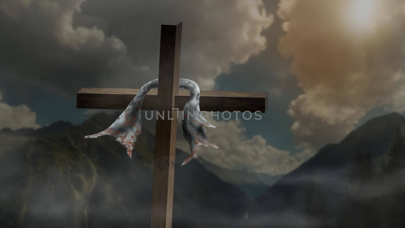 Religious concepts. Christian wooden cross on a background with dramatic lighting, Jesus Christ cross, Easter, resurrection concept. Christianity, Religion copyspace background.