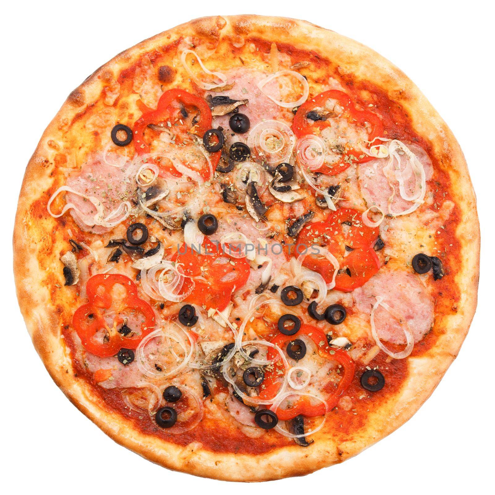 Classic Italian pizza with ham, bell peppers, olives and onions. Isolated on white background. Top view.