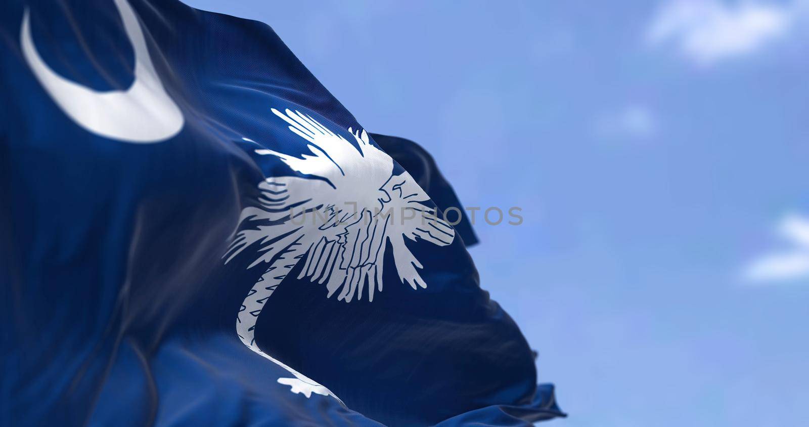 The US state flag of South Carolina waving in the wind. South Carolina is a state in the coastal Southeastern region of the United States. Democracy and independence.