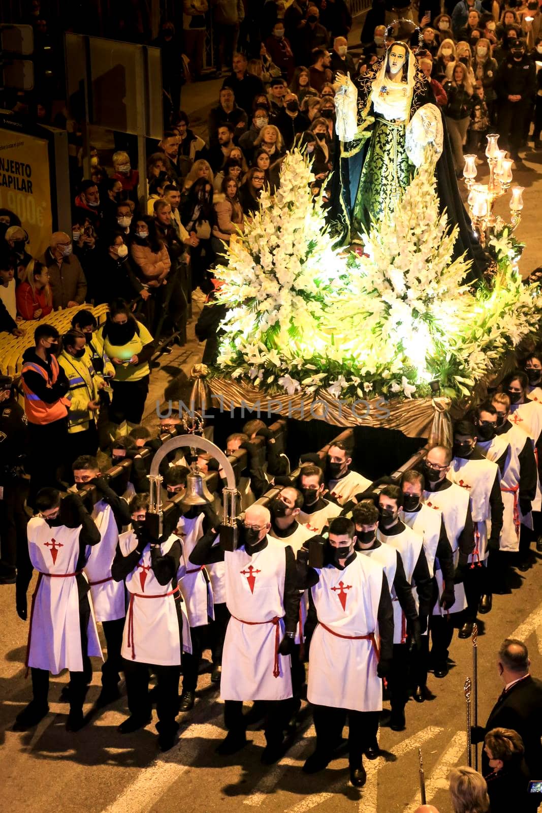 Elche, Spain- April 12, 2022: Beautiful Brotherhood Procession of Virgin Mary Mater Desolata in Holy Week in Elche